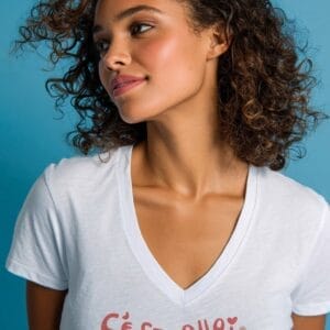 T-shirt Col en V Femme - C'est quoi le bonheur pour vous ?
